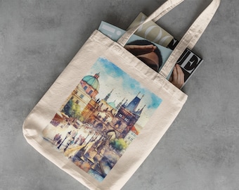 Charles Bridge Prague Canvas Tote - Library Bag, Reusable Grocery Bag, Cotton Tote Bag, Travel Beach Bag, Europe Art, Czech Republic