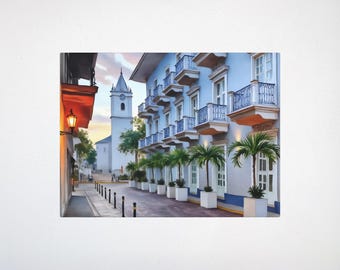 Tela de aquarela Casco - Impressão em tela da Cidade do Panamá, Arte de viagem, Centro Histórico da Cidade do Panamá, Arte de parede, Lembrança de viagem, América Central