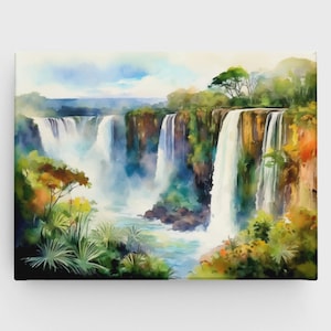 Iguazu Falls Watercolor Art Canvas - Argentina, Wall Art, Print Canvas, South America Decor, Waterfall, Nature, Landscape, Colorful Canvas