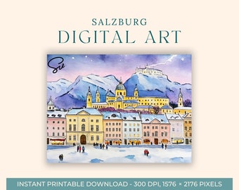 Christmas in Salzburg Watercolor Painting (DIGITAL ART) Austria, Travel Art, Art Prints, DIY Postcard, Europe Paintings, Residenzplatz