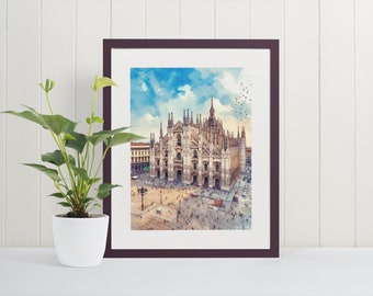 Impression d'art aquarelle cathédrale de Milan - Italie, art du voyage, impressions d'art, peintures de la ville de l'Europe, affiche de l'Italie, impression d'art de Milan, impressions d'art