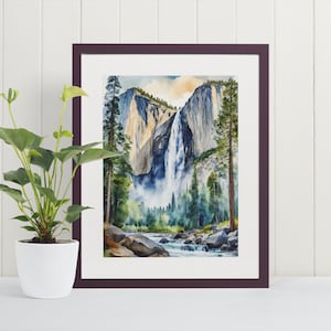 May include: A watercolor painting of a waterfall cascading down a cliff face in Yosemite National Park. The painting features a vibrant blue sky, lush green trees, and a rocky riverbed.