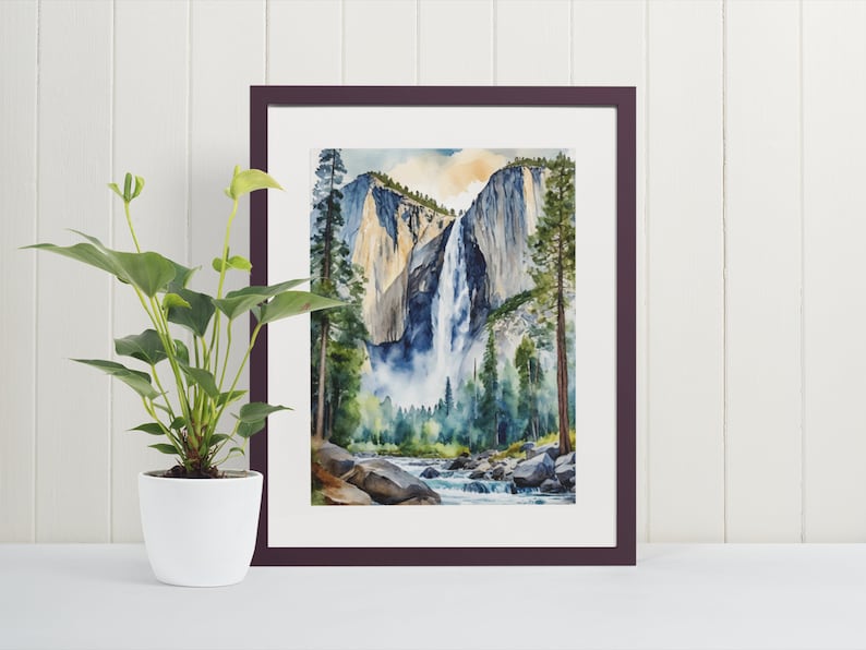 May include: A watercolor painting of a waterfall cascading down a cliff face in Yosemite National Park. The painting features a vibrant blue sky, lush green trees, and a rocky riverbed.
