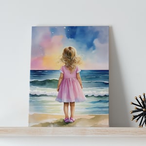 Ocean Eyes Watercolor Art Canvas - Little Blonde Girl on the Beach, Coastal, Seaside, Florida, Beach Sunset, Nursery, Ocean, Sea, Colorful