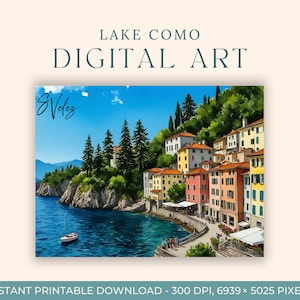 Aquarelle sur le lac de Côme (ART NUMÉRIQUE) Italie, Art du voyage, Impressions d'art, Carte postale à faire soi-même, Art de fiançailles, Peintures de la ville de l'Europe, Milan