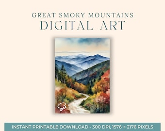 Great Smoky Mountains National Park Watercolor (DIGITAL ART) Blue Ridge, Tennessee, North Carolina, Printable Wall Art, Appalachian Mountain