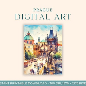 カレル橋プラハ水彩画（デジタルプリント）チェコ共和国、旅行アート、アートプリント、DIYポストカード、エンゲージメントアート、ヨーロッパの都市