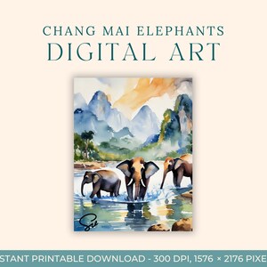 Chang Mai Elephants Watercolor Painting (DIGITAL ART) Thailand, Travel Art, Art Prints, DIY Postcard, Engagement Art, Asia Paintings