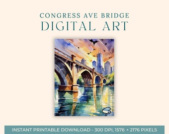 Congress Avenue Bridge Watercolor Painting (DIGITAL ART) Bats, Austin Wall Art, Texas, Printable Wall Art, Digital Art, Lady Bird Lake