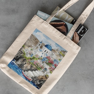 Santorini Canvas Tote - Greece, Watercolor, Mediterranean, Reusable Grocery Bag, Travel Gifts, Europe Art, Souvenir, Gift for Mom, Blue Dome