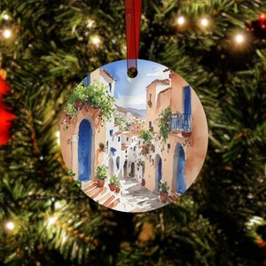 Ornamento natalizio di Mykonos - Grecia, ornamento dell&#39;albero mediterraneo, ornamento di nozze personalizzato, regalo di fidanzamento, regali di viaggio, porta blu