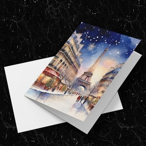 Christmas in Paris Greeting Cards, 5 x 7 greeting card set, digital art, Eiffel Tower, Holiday, Christmas Bundle, Winter Note Cards, France