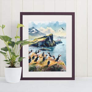 Stampa artistica ad acquerello Vik Iceland - Reykjavik, Isola delle pulcinelle di mare, Arte di viaggio, Arte murale islandese, Regali islandesi, Poster islandesi, Stampe artistiche