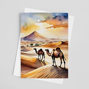 Cartes de voeux aquarelles du désert du Sahara, ensemble de cartes de voeux 5 x 7, art numérique, oeuvre d'art de voyage, papeterie au Maroc, Egypte, aquarelle de chameau