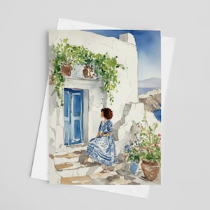 Tarjetas de felicitación de acuarela Susurros del Egeo, juego de tarjetas de felicitación de 5 x 7, Santorini, Grecia, papelería de viaje a Europa, tarjetas de notas, costeras