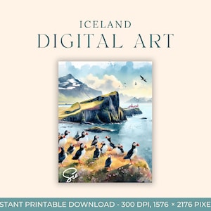 Vik Island Aquarell Malerei (DIGITALE KUNST) Reykjavik, Papageientaucher Insel, Reise Kunst, Postkarte, Verlobung Kunst, Europa Stadt Gemälde