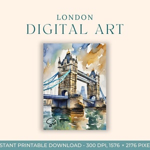 ロンドンタワーブリッジの水彩画（デジタルアート）イギリス、旅行アート、印刷可能なアート、DIYポストカード、エンゲージメントアート、ヨーロッパの絵画