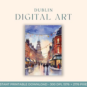 Noël à Dublin, aquarelle (ART NUMÉRIQUE) Irlande, art du voyage, impression d'art, carte postale DIY, art de fiançailles, peinture Europe, vacances