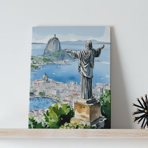Rio Watercolor Art Canvas - Rio de Janeiro, Christ the Redeemer, Brazil Decor, Print Canvas, Travel Art, South America Wall Art, Art Print