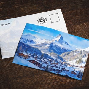 Postal de acuarela de los Alpes suizos, juego de tarjetas de felicitación de 5 x 7, arte digital, Zermatt, recuerdo de Suiza, Cervino, pintura de una ciudad de Europa