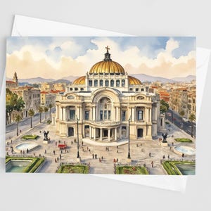 May include: A watercolor illustration of the Palacio de Bellas Artes in Mexico City, featuring its iconic golden dome, neoclassical architecture, and surrounding plaza with fountains, manicured gardens, and small figures of people walking.
