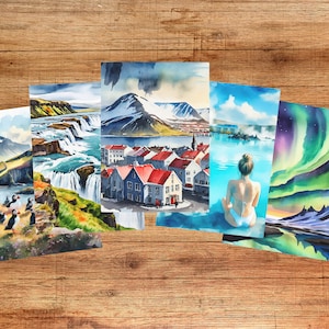 5 postales de acuarela de Islandia: Reykjavik, regalos de Islandia, recuerdos de Islandia, Gullfoss, Vik, frailecillos, Laguna Azul, impresión artística, juego de postales