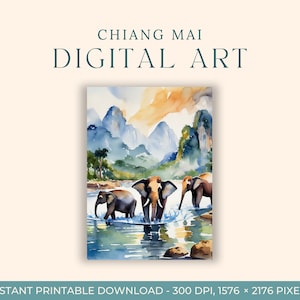 チェンマイの象の水彩画（デジタルアート）タイ、旅行アート、アートプリント、DIYポストカード、エンゲージメントアート、アジアの絵画