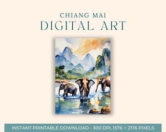 Chiang Mai Elephants Watercolor Painting (DIGITAL ART) Thailand, Travel Art, Art Prints, DIY Postcard, Engagement Art, Asia Paintings