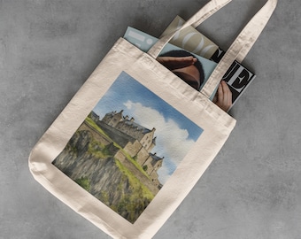 Sacola de lona aquarela do Castelo de Edimburgo - Lembrança da Escócia, Bolsa de biblioteca, Sacola de compras reutilizável, Bolsa de algodão, Bolsa de praia para viagem, Europa
