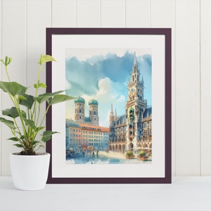 Marienplatz Watercolor Art Print - Munich Wall Art, Germany Poster Print, Europe, Travel Art, Art Poster, Deutschland, Fine Art Print