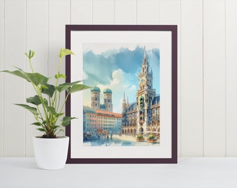 Marienplatz Watercolor Art Print - Munich Wall Art, Germany Poster Print, Europe, Travel Art, Art Poster, Deutschland, Fine Art Print