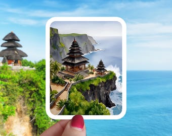 Bali Watercolor Sticker - Uluwatu Temple, South Kuta, Indonesia Sticker, Asia Souvenir, Backpacker Sticker, Travel, Planner, Car Magnet