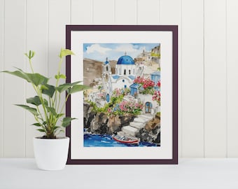 ギリシャのサントリーニ島の絵画、青いドームの教会のオリジナル