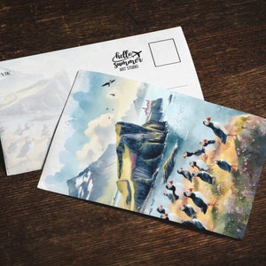 Cartão postal de aquarela Vik Puffins, conjunto de cartões de felicitações 5 x 7, arte digital, pintura em aquarela, arte de viagem, cartões postais da Islândia, arte europeia