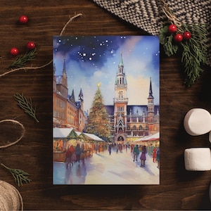 ミュンヘンのクリスマス水彩ポストカード、5 x 7 グリーティング カード セット、デジタル アート、ドイツの絵画、旅行アートワーク、ヨーロッパ、クリスマス カード セット