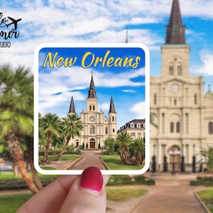 Sticker La Nouvelle-Orléans - Cathédrale Saint-Louis, Louisiane, Cafe Du Monde, NOLA, Mardi Gras, Sticker de voyage, Aimant de voiture, Sticker pour ordinateur portable, Journal