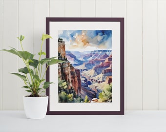 Könnte beinhalten: Ein gerahmtes Aquarellbild des Grand Canyon, das einen tiefen Canyon mit geschichteten Felsformationen in Rot-, Braun- und Beigetönen zeigt. Der Himmel ist leuchtend blau mit fluffigen weißen Wolken.