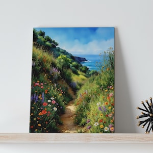 Big Sur California Watercolor Art Canvas - Coastal Wall Art, California Coast, Wildflowers, National Park Art, Northern California Wall Art