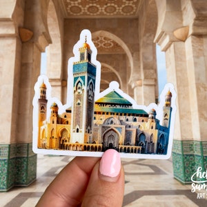 Mosquée Hassan II - Maroc, Islam, Musulman, Autocollant de voyage, Casablanca, Sticker, Sticker routard, Aquarelle, Art du voyage, Moyen-Orient