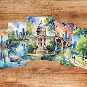 5 postales de Austin: set de postales de acuarela, Texas, regalos de Austin, recuerdos de Austin, parque Zilker, lago Lady Bird, puente Bat, arte de Austin, UT