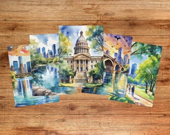 5 Austin Postcards - Watercolor Postcard Set, Texas, Austin Gifts, Austin Souvenirs, Zilker Park, Lady Bird Lake, Bat Bridge, UT Austin Art