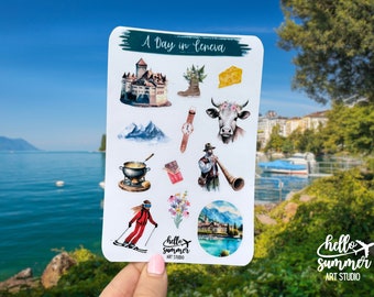 A Day in Geneva Sticker Sheet - Planner Stickers, Scrap Book Stickers, Travel Stickers, Switzerland Stickers, Swiss, Europe, Alps, Journal