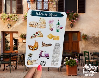 May include: A sticker sheet with watercolor illustrations of Italian landmarks and food, including the Colosseum, pizza, gelato, wine, a gondola, and the Leaning Tower of Pisa. The text "When in Rome" is at the top, with "hello summer art studio" at the bottom.