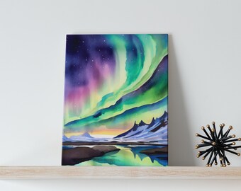 Noorderlicht aquarel Art Canvas - IJsland, Reykjavik, Vik, reiskunst, kunst aan de muur van IJsland, IJsland geschenken, IJsland souvenir, Europa