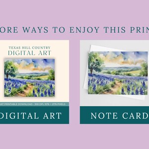 May include: A digital art print of a watercolour painting of a field of bluebonnets in Texas Hill Country. The print is available for instant download and can also be printed as a note card.
