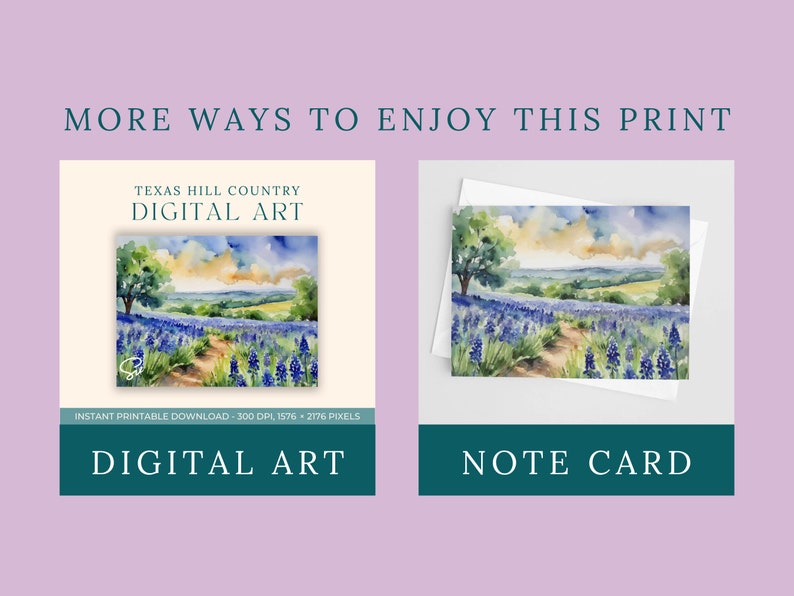 May include: A digital art print of a watercolour painting of a field of bluebonnets in Texas Hill Country. The print is available for instant download and can also be printed as a note card.