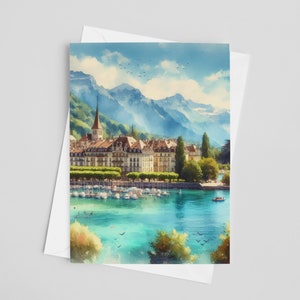 Cartões de saudação em aquarela do Lago Genebra, conjunto de cartões de saudação 5 x 7, arte digital, pintura da Suíça, arte de viagem, papelaria da Europa