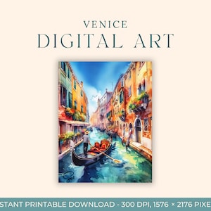 ヴェネツィア運河の水彩画（デジタルアート）イタリア、旅行アート、アートプリント、DIYポストカード、エンゲージメントアート、ヨーロッパの都市の絵画、ゴンドラ