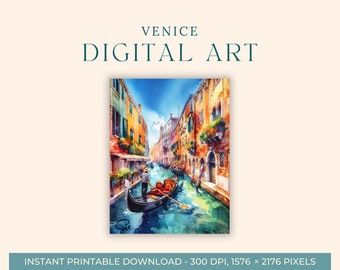 Venice Canal Watercolor Painting (DIGITAL ART) Italy, Travel Art, Art Prints, DIY Postcard, Engagement Art, Europe City Paintings, Gondola