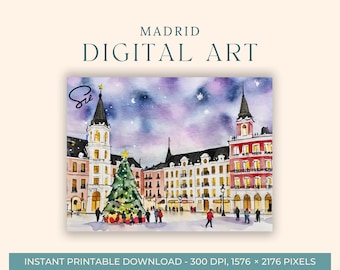 Christmas in Madrid Watercolor Painting (DIGITAL ART) Spain, Travel Art, Art Prints, DIY Postcard, Engagement, Europe Paintings